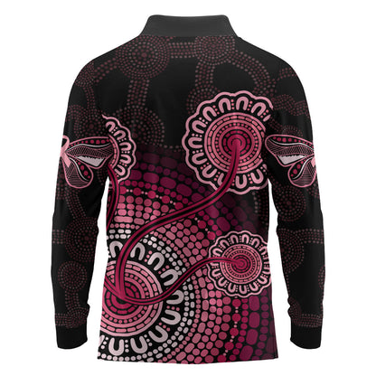 Australia Indigenous Long Sleeve Polo Shirt Breast Cancer Ribbon Aboriginal Art - Black