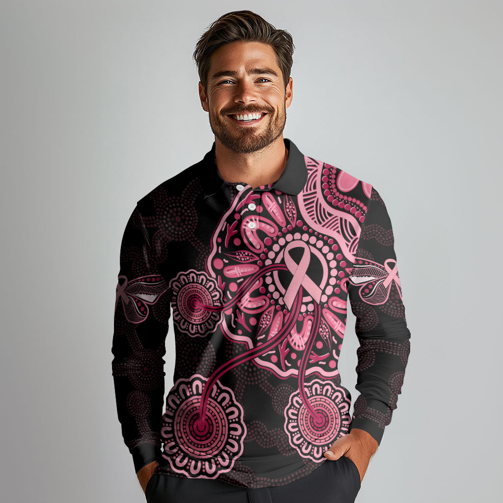 Australia Indigenous Long Sleeve Polo Shirt Breast Cancer Ribbon Aboriginal Art - Black