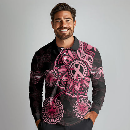 Australia Indigenous Long Sleeve Polo Shirt Breast Cancer Ribbon Aboriginal Art - Black