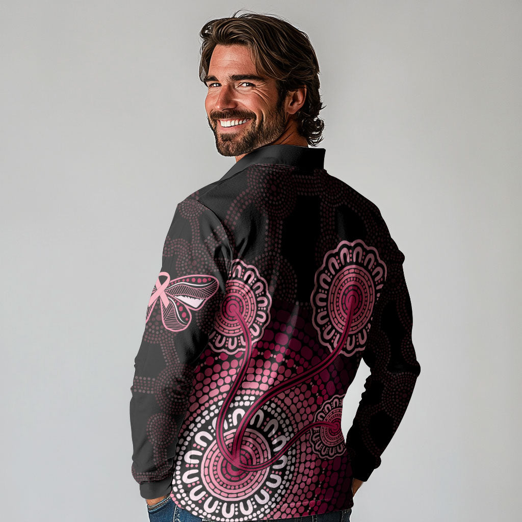 Australia Indigenous Long Sleeve Polo Shirt Breast Cancer Ribbon Aboriginal Art - Black