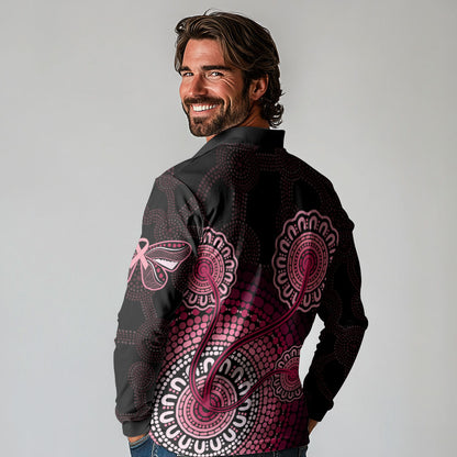 Australia Indigenous Long Sleeve Polo Shirt Breast Cancer Ribbon Aboriginal Art - Black