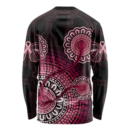 Australia Indigenous Long Sleeve Shirt Breast Cancer Ribbon Aboriginal Art - Black