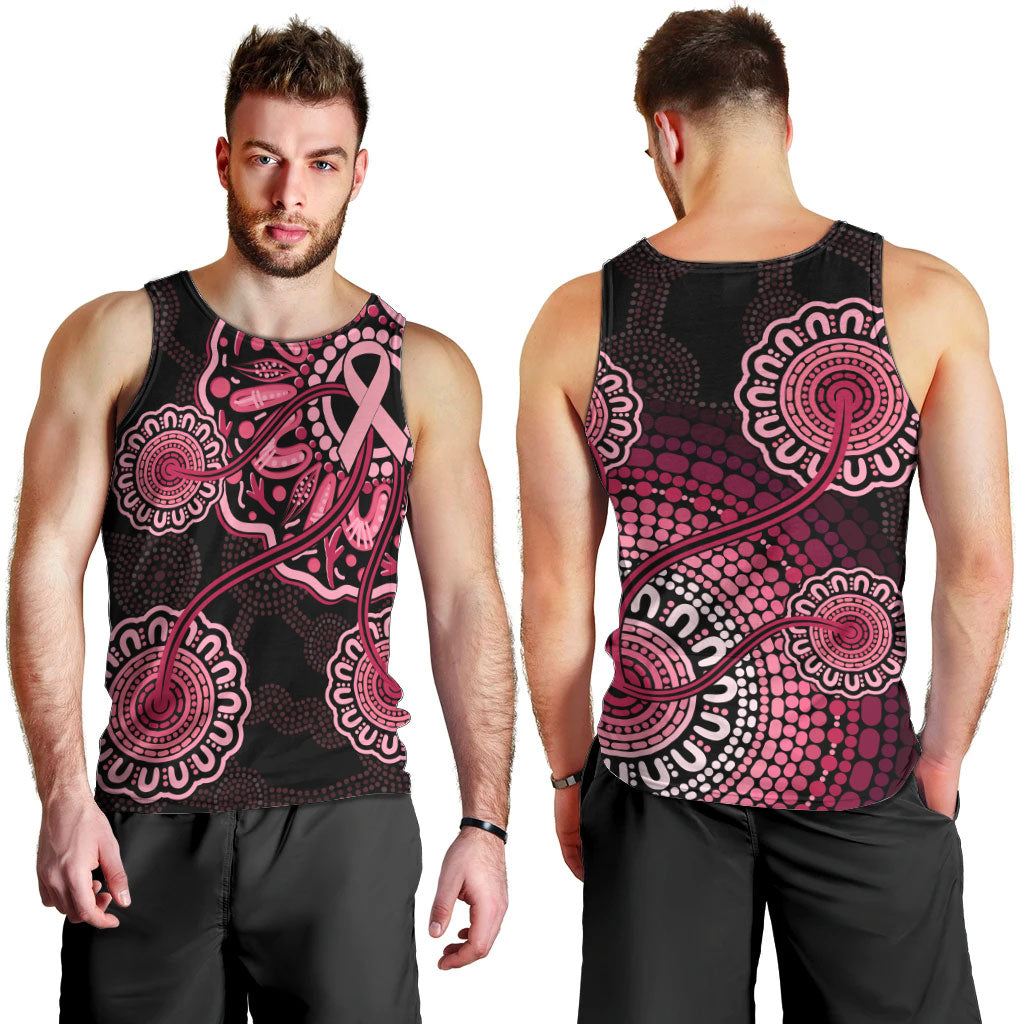 Australia Indigenous Men Tank Top Breast Cancer Ribbon Aboriginal Art - Black