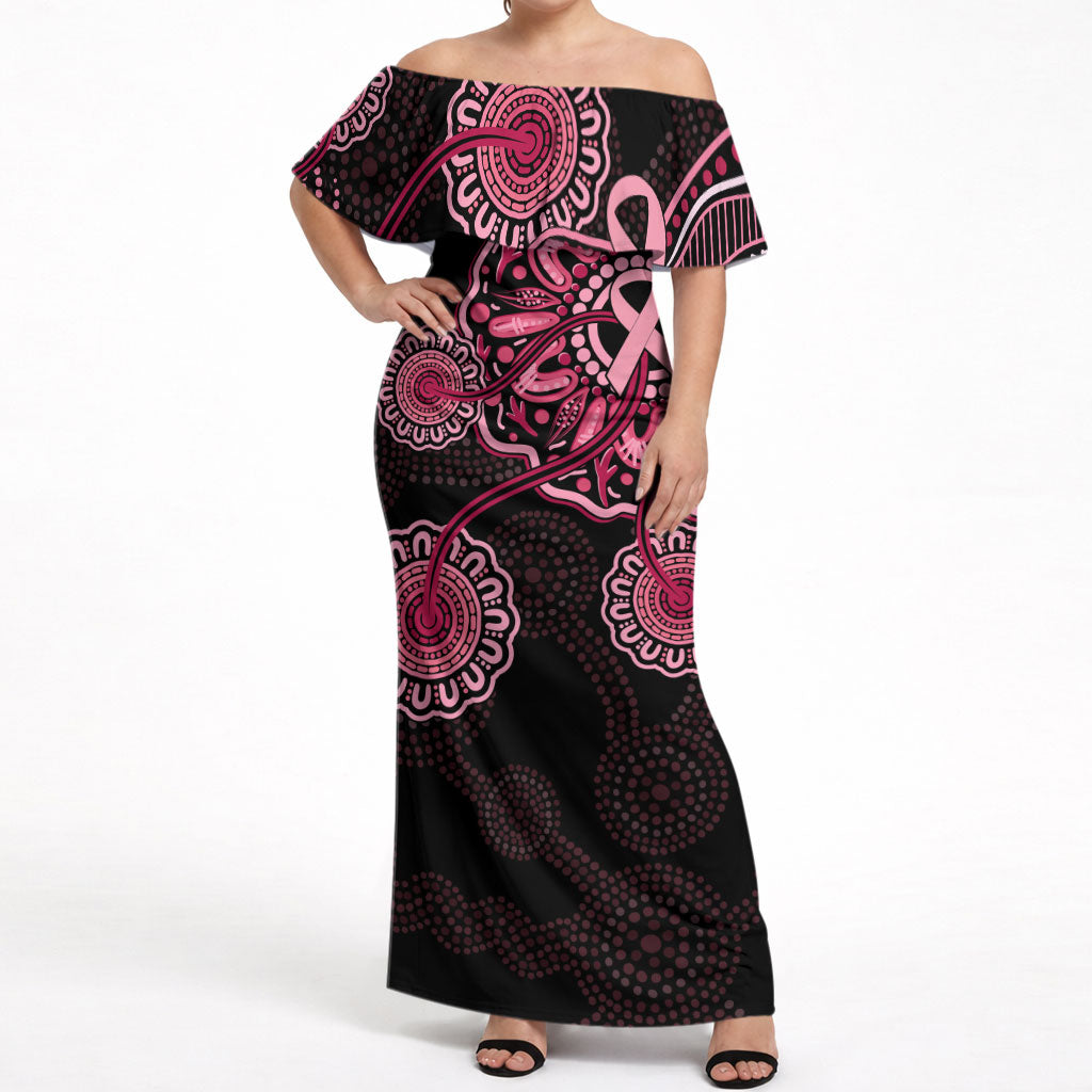 Australia Indigenous Off Shoulder Maxi Dress Breast Cancer Ribbon Aboriginal Art - Black