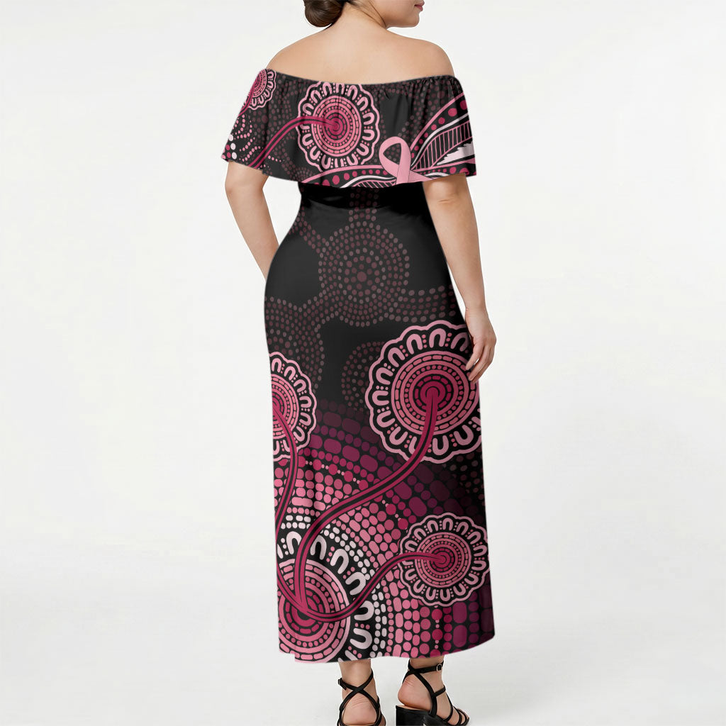 Australia Indigenous Off Shoulder Maxi Dress Breast Cancer Ribbon Aboriginal Art - Black