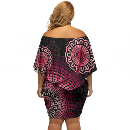 Australia Indigenous Off Shoulder Short Dress Breast Cancer Ribbon Aboriginal Art - Black