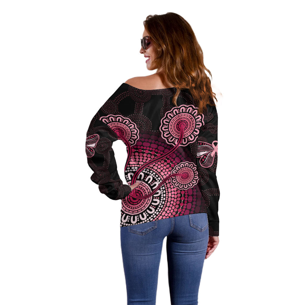 Australia Indigenous Off Shoulder Sweater Breast Cancer Ribbon Aboriginal Art - Black