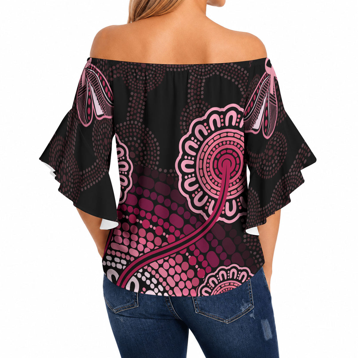 Australia Indigenous Off Shoulder Wrap Waist Top Breast Cancer Ribbon Aboriginal Art - Black