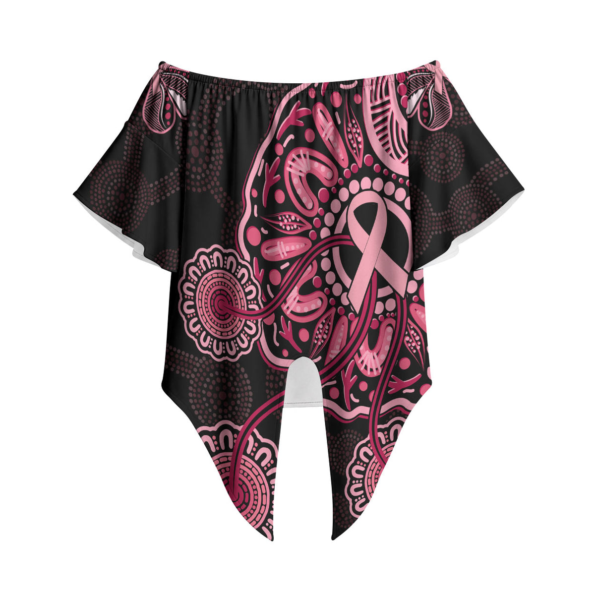 Australia Indigenous Off Shoulder Wrap Waist Top Breast Cancer Ribbon Aboriginal Art - Black