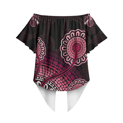 Australia Indigenous Off Shoulder Wrap Waist Top Breast Cancer Ribbon Aboriginal Art - Black