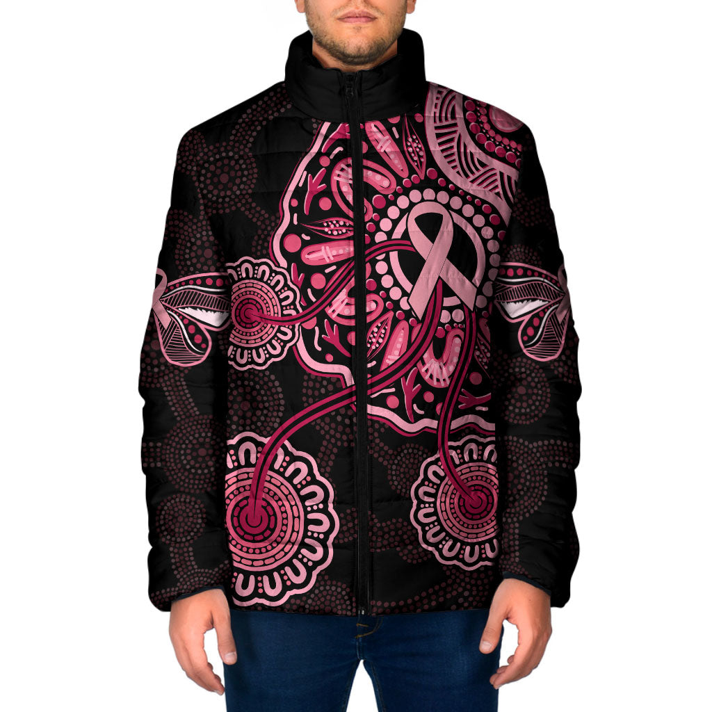 Australia Indigenous Padded Jacket Breast Cancer Ribbon Aboriginal Art - Black