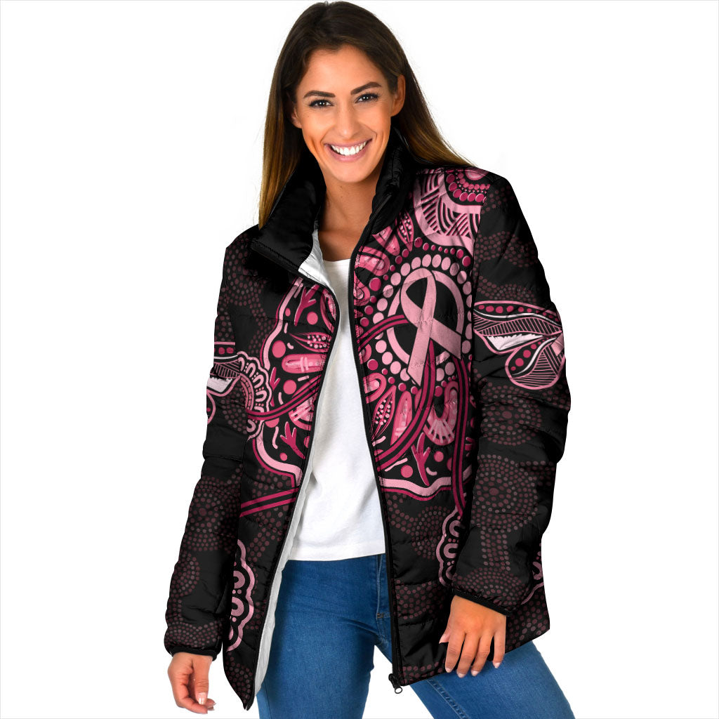 Australia Indigenous Padded Jacket Breast Cancer Ribbon Aboriginal Art - Black