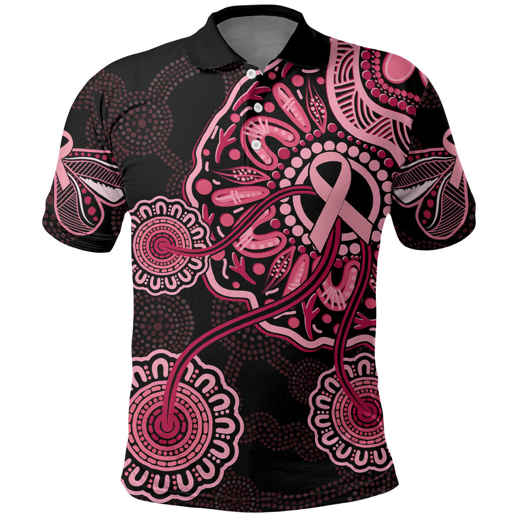 Australia Indigenous Polo Shirt Breast Cancer Ribbon Aboriginal Art - Black
