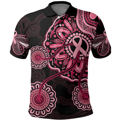 Australia Indigenous Polo Shirt Breast Cancer Ribbon Aboriginal Art - Black