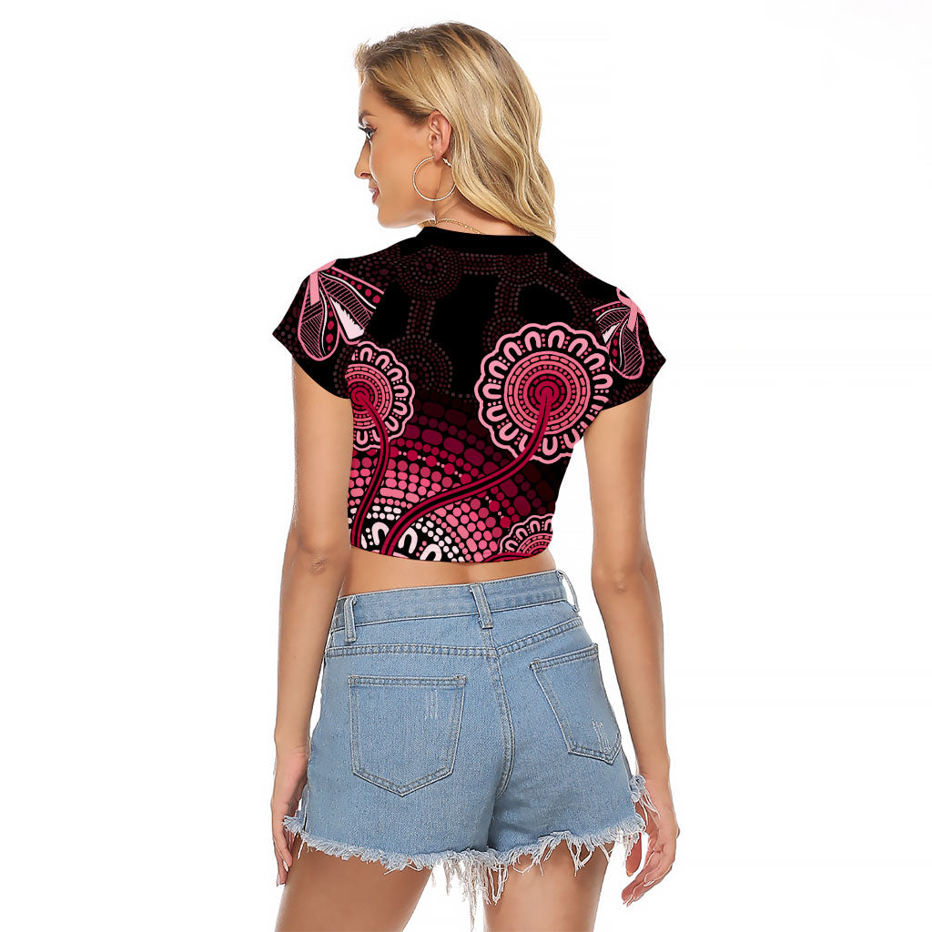Australia Indigenous Raglan Cropped T Shirt Breast Cancer Ribbon Aboriginal Art - Black