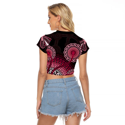 Australia Indigenous Raglan Cropped T Shirt Breast Cancer Ribbon Aboriginal Art - Black