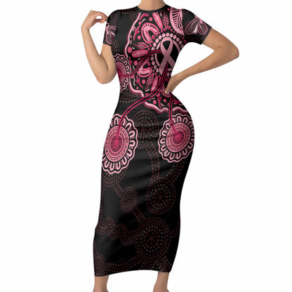 Australia Indigenous Short Sleeve Bodycon Dress Breast Cancer Ribbon Aboriginal Art - Black