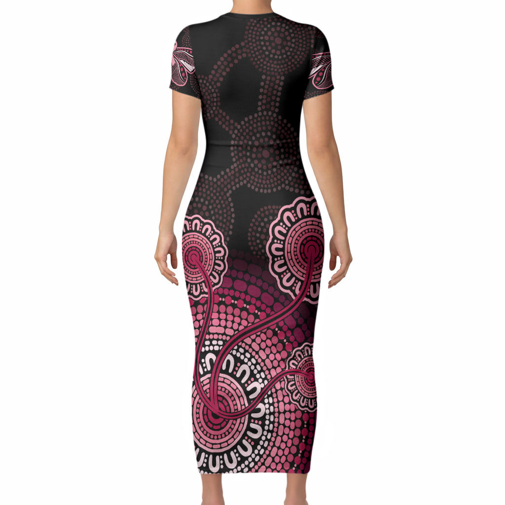 Australia Indigenous Short Sleeve Bodycon Dress Breast Cancer Ribbon Aboriginal Art - Black