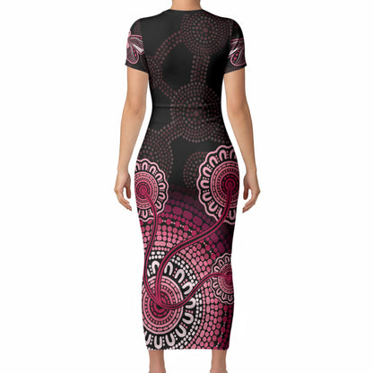 Australia Indigenous Short Sleeve Bodycon Dress Breast Cancer Ribbon Aboriginal Art - Black