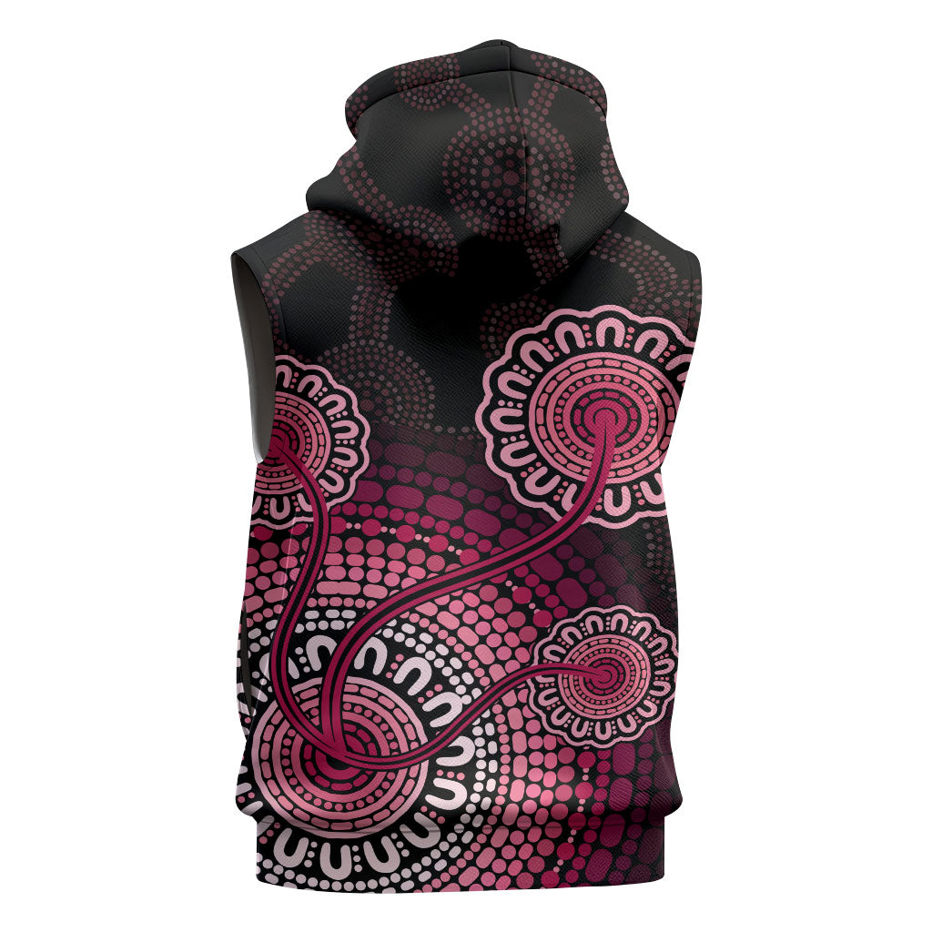 Australia Indigenous Sleeveless Hoodie Breast Cancer Ribbon Aboriginal Art - Black