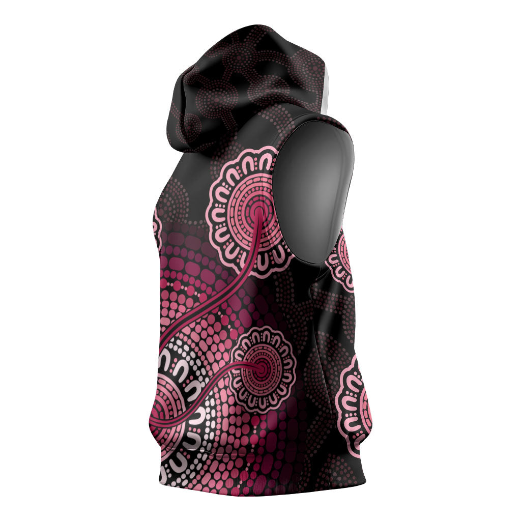Australia Indigenous Sleeveless Hoodie Breast Cancer Ribbon Aboriginal Art - Black