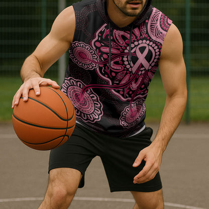 Australia Indigenous Sleeveless Hoodie Breast Cancer Ribbon Aboriginal Art - Black