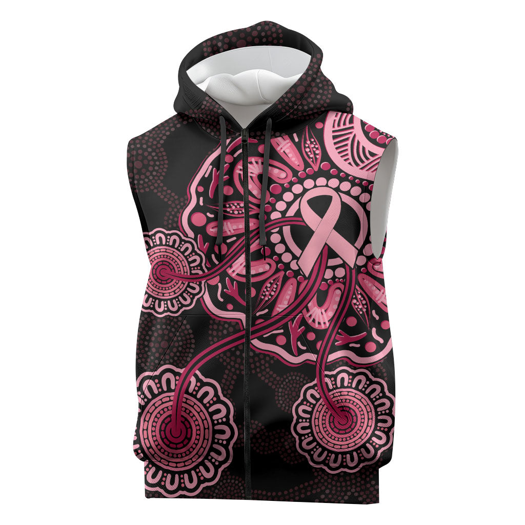 Australia Indigenous Sleeveless Zip Hoodie Breast Cancer Ribbon Aboriginal Art - Black