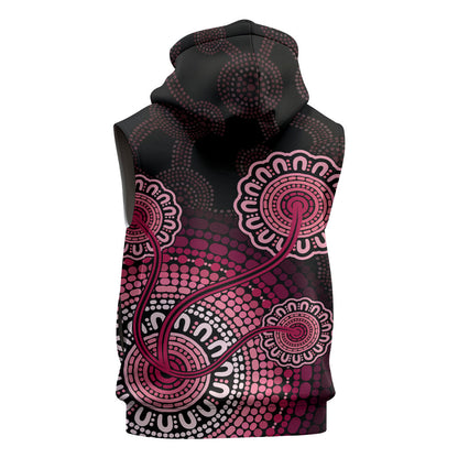 Australia Indigenous Sleeveless Zip Hoodie Breast Cancer Ribbon Aboriginal Art - Black