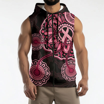Australia Indigenous Sleeveless Zip Hoodie Breast Cancer Ribbon Aboriginal Art - Black
