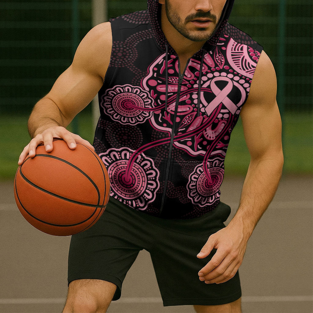 Australia Indigenous Sleeveless Zip Hoodie Breast Cancer Ribbon Aboriginal Art - Black