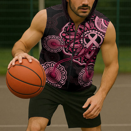 Australia Indigenous Sleeveless Zip Hoodie Breast Cancer Ribbon Aboriginal Art - Black