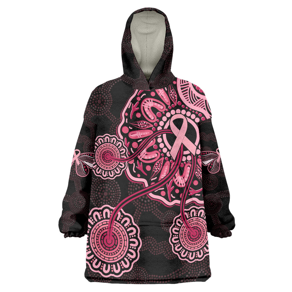 Australia Indigenous Wearable Blanket Hoodie Breast Cancer Ribbon Aboriginal Art - Black