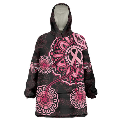 Australia Indigenous Wearable Blanket Hoodie Breast Cancer Ribbon Aboriginal Art - Black