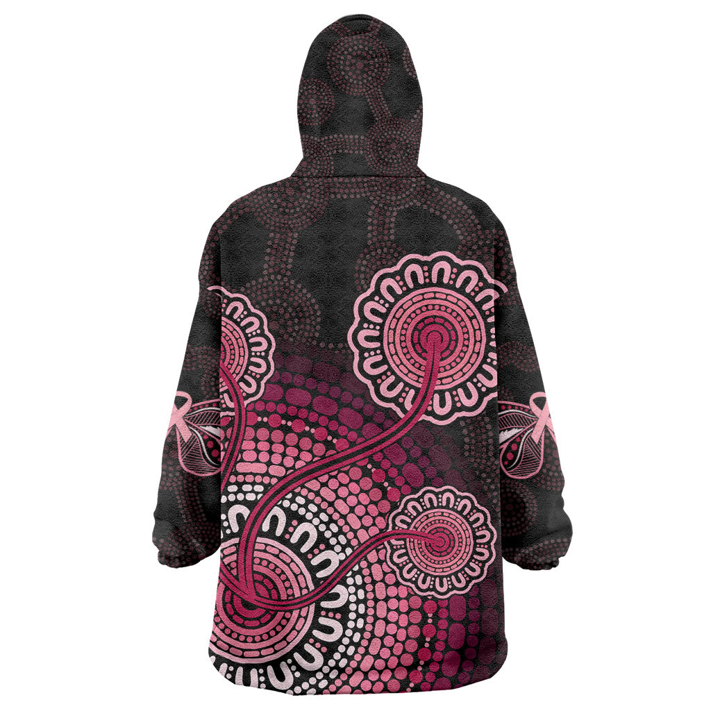 Australia Indigenous Wearable Blanket Hoodie Breast Cancer Ribbon Aboriginal Art - Black