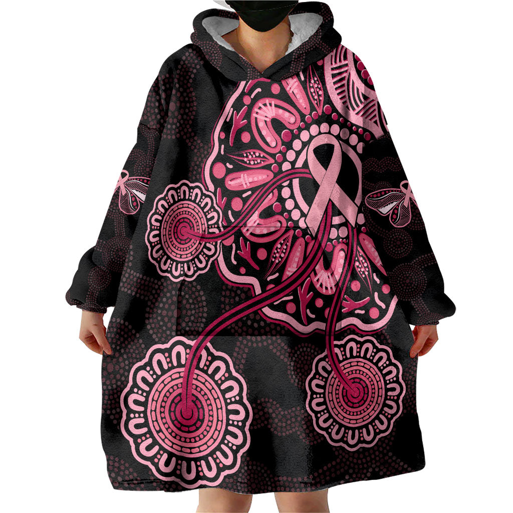 Australia Indigenous Wearable Blanket Hoodie Breast Cancer Ribbon Aboriginal Art - Black