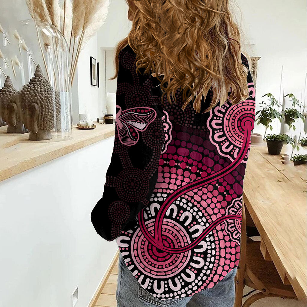 Australia Indigenous Women Casual Shirt Breast Cancer Ribbon Aboriginal Art - Black