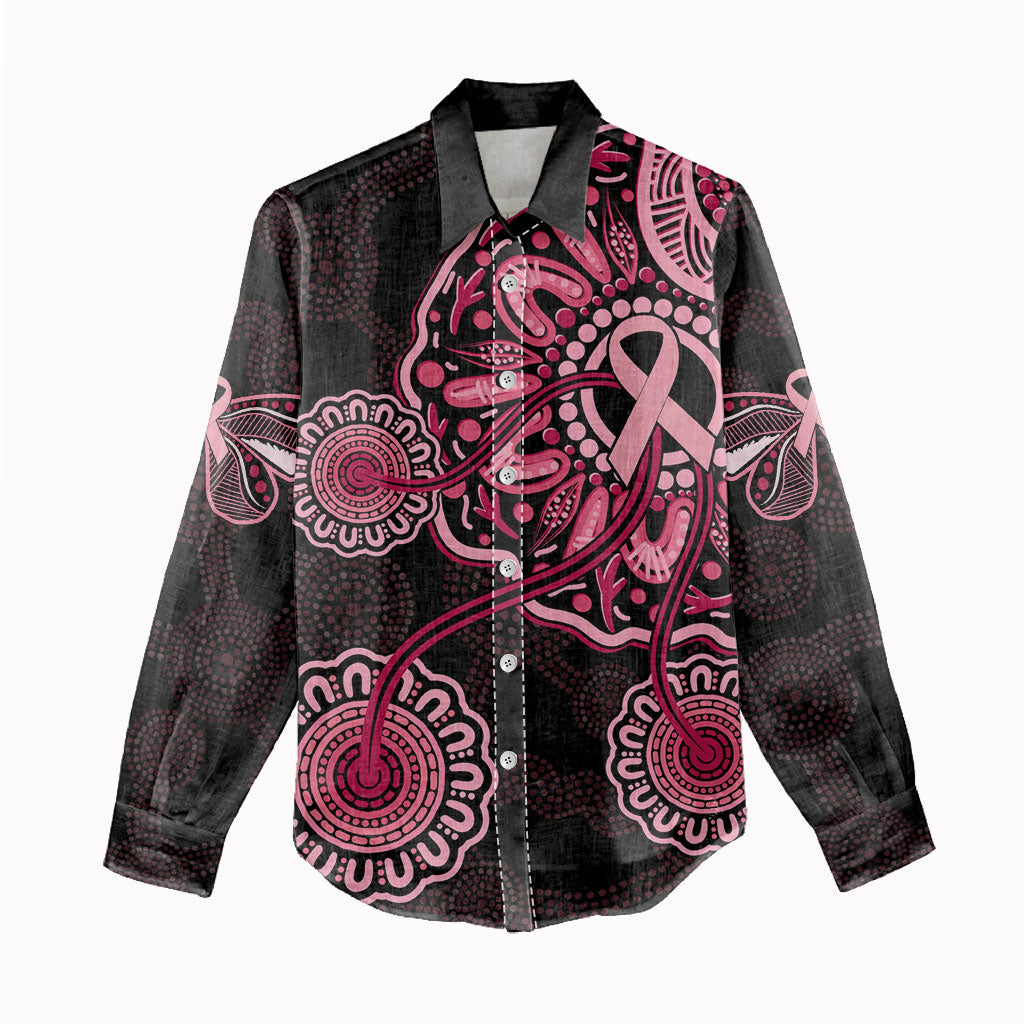Australia Indigenous Women Casual Shirt Breast Cancer Ribbon Aboriginal Art - Black