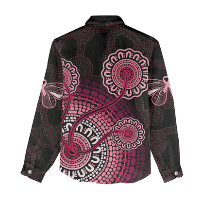 Australia Indigenous Women Casual Shirt Breast Cancer Ribbon Aboriginal Art - Black
