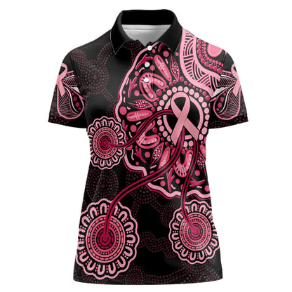 Australia Indigenous Women Polo Shirt Breast Cancer Ribbon Aboriginal Art - Black