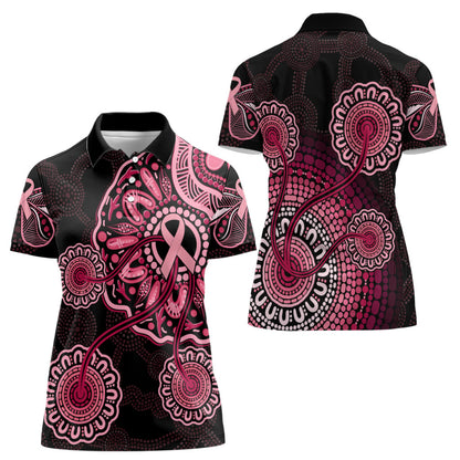 Australia Indigenous Women Polo Shirt Breast Cancer Ribbon Aboriginal Art - Black