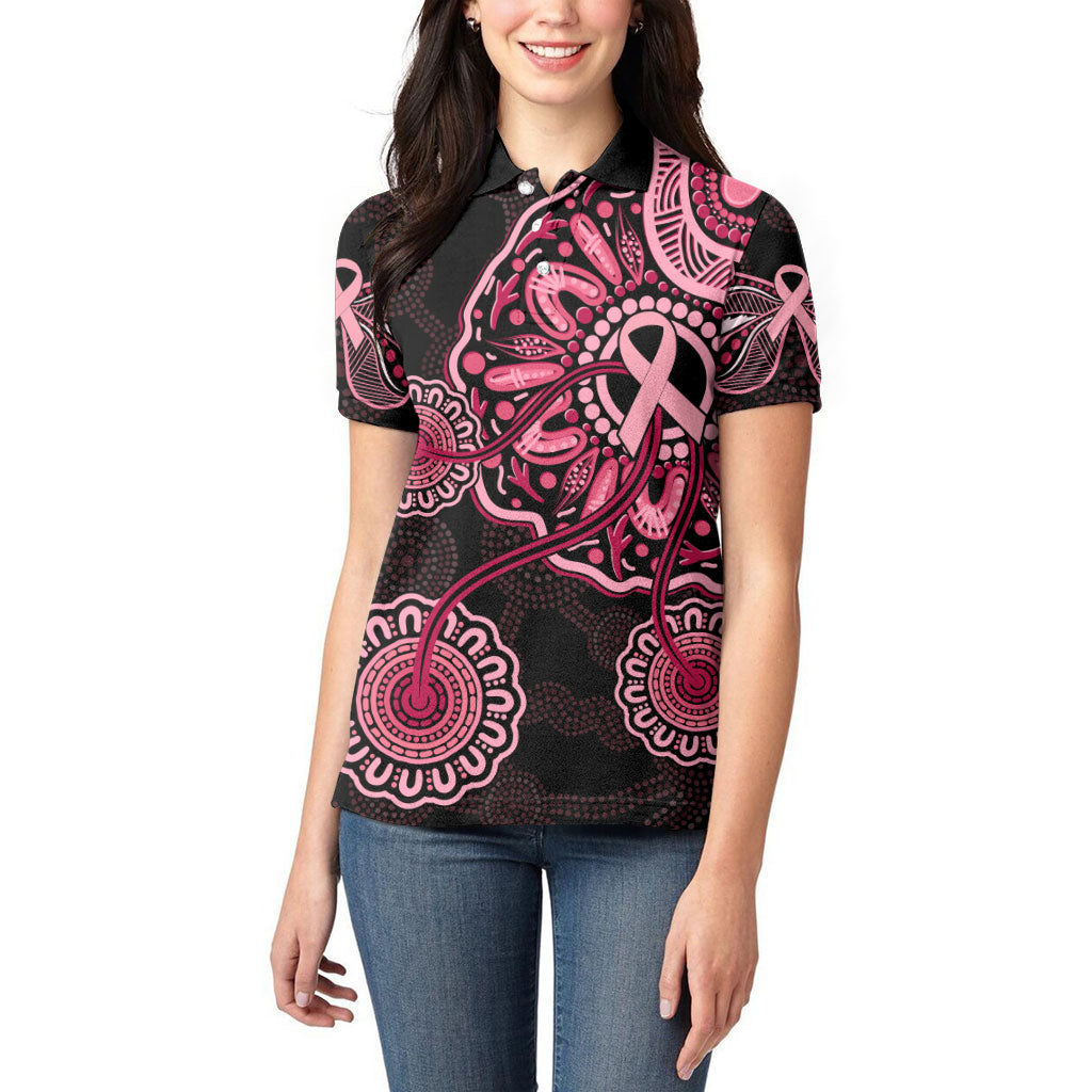 Australia Indigenous Women Polo Shirt Breast Cancer Ribbon Aboriginal Art - Black