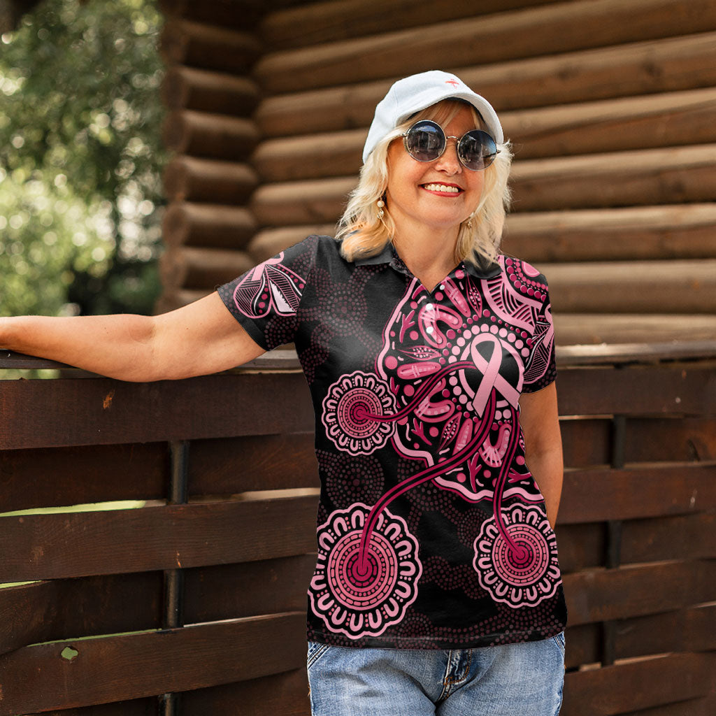 Australia Indigenous Women Polo Shirt Breast Cancer Ribbon Aboriginal Art - Black