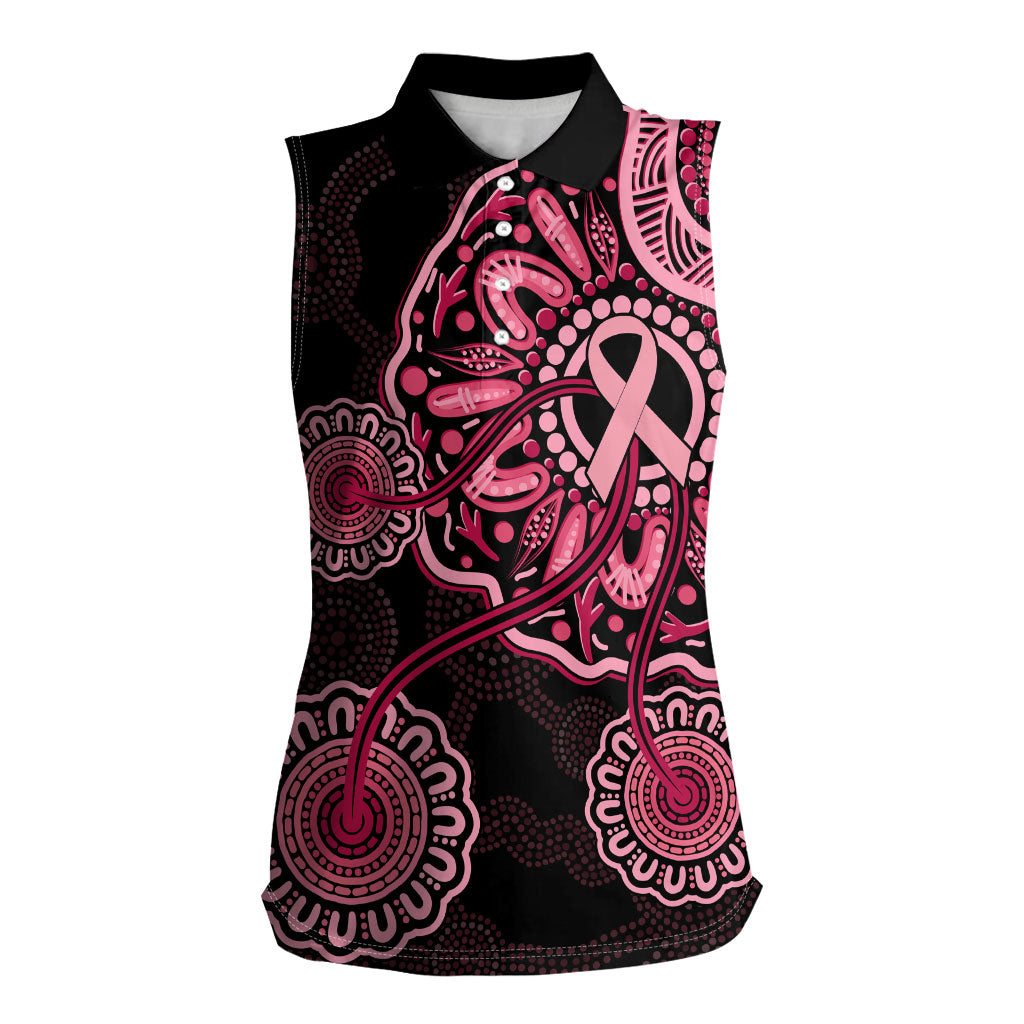 Australia Indigenous Women Sleeveless Polo Shirt Breast Cancer Ribbon Aboriginal Art - Black