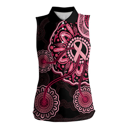 Australia Indigenous Women Sleeveless Polo Shirt Breast Cancer Ribbon Aboriginal Art - Black