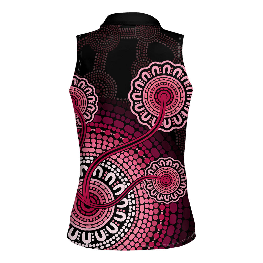 Australia Indigenous Women Sleeveless Polo Shirt Breast Cancer Ribbon Aboriginal Art - Black