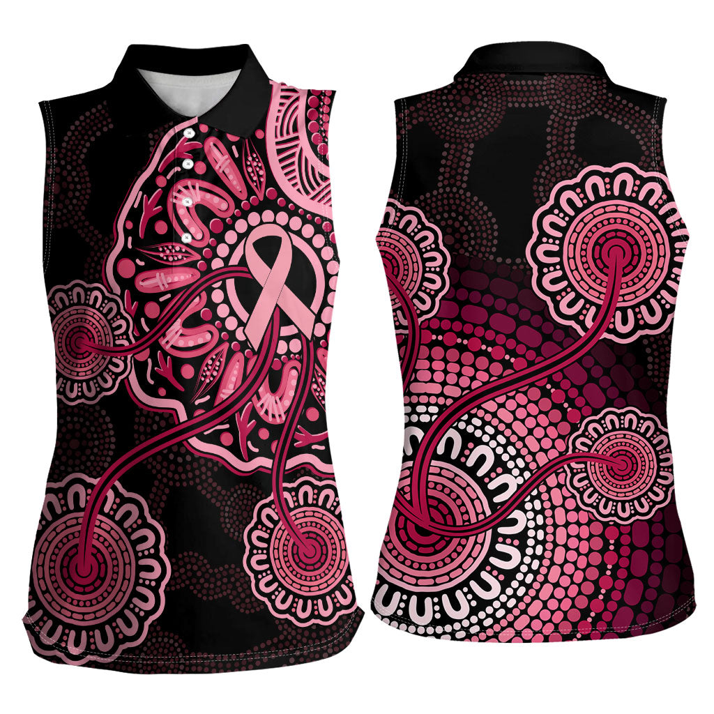 Australia Indigenous Women Sleeveless Polo Shirt Breast Cancer Ribbon Aboriginal Art - Black