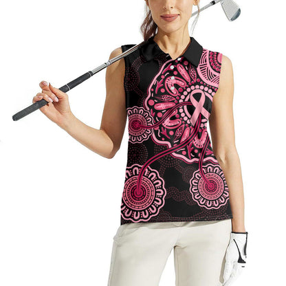 Australia Indigenous Women Sleeveless Polo Shirt Breast Cancer Ribbon Aboriginal Art - Black