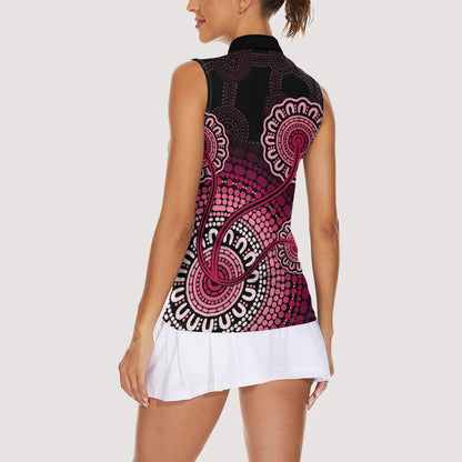 Australia Indigenous Women Sleeveless Polo Shirt Breast Cancer Ribbon Aboriginal Art - Black