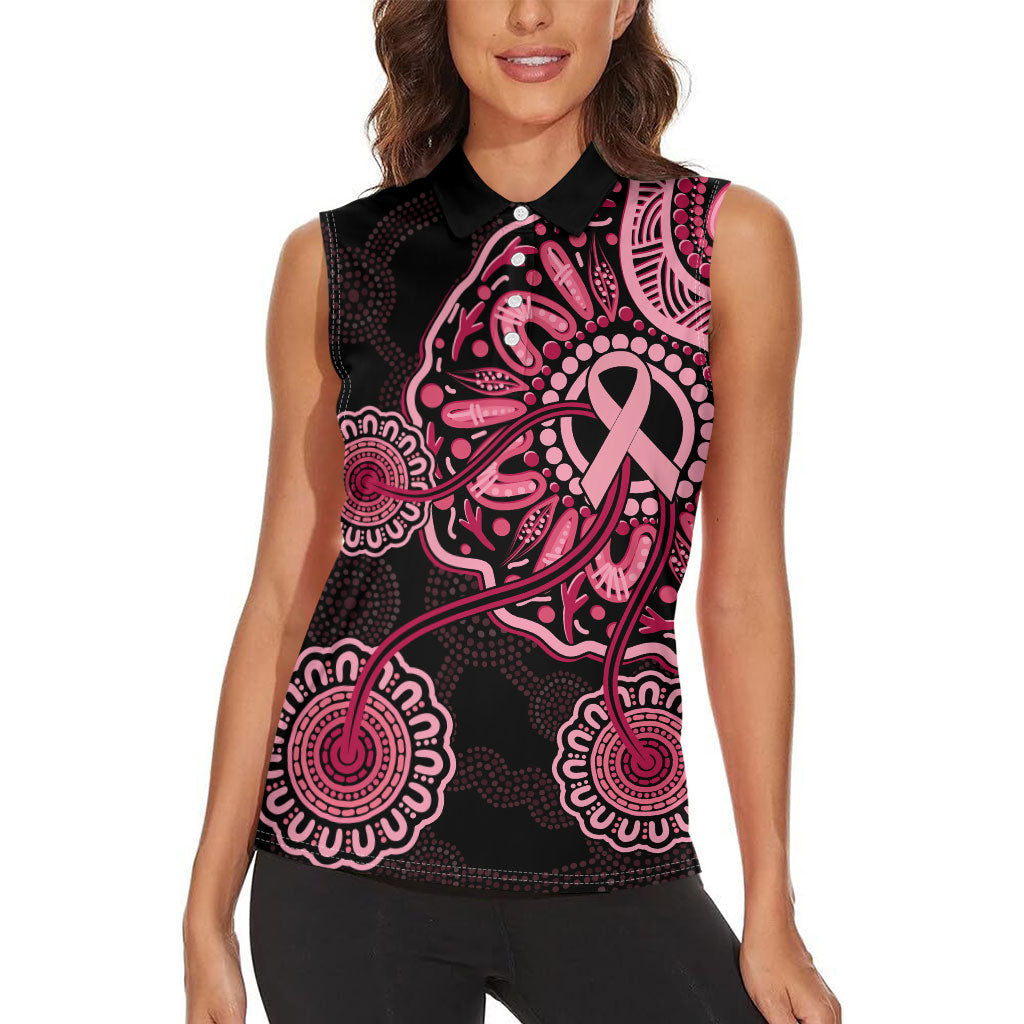 Australia Indigenous Women Sleeveless Polo Shirt Breast Cancer Ribbon Aboriginal Art - Black