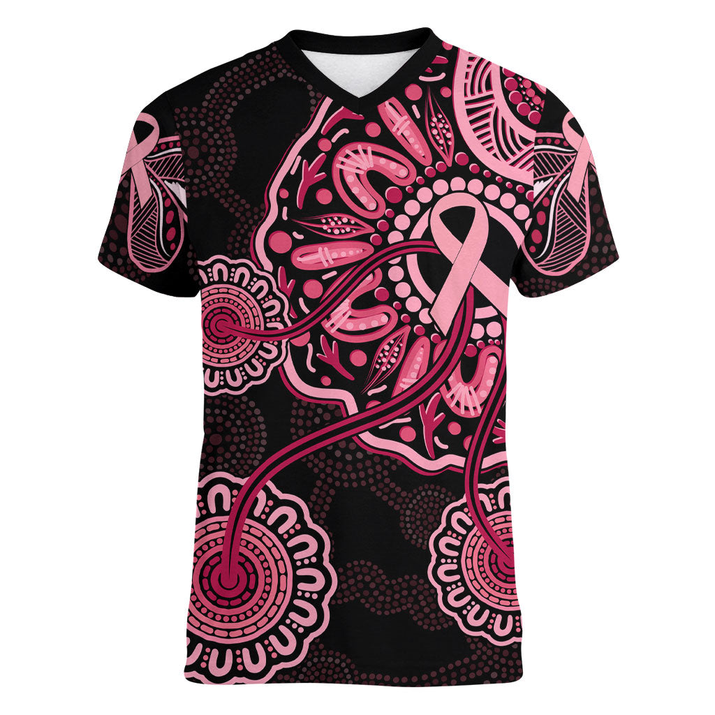 Australia Indigenous Women V-Neck T-Shirt Breast Cancer Ribbon Aboriginal Art - Black